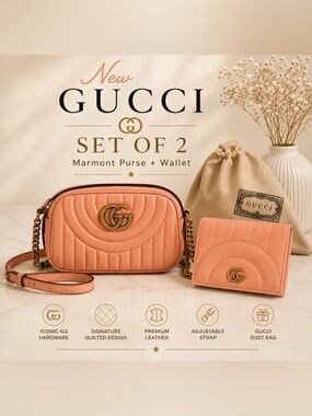 $4,500 New set of 2 GUCCI Coral Quilted Marmont Crossbody Bag + Matching Wallet
